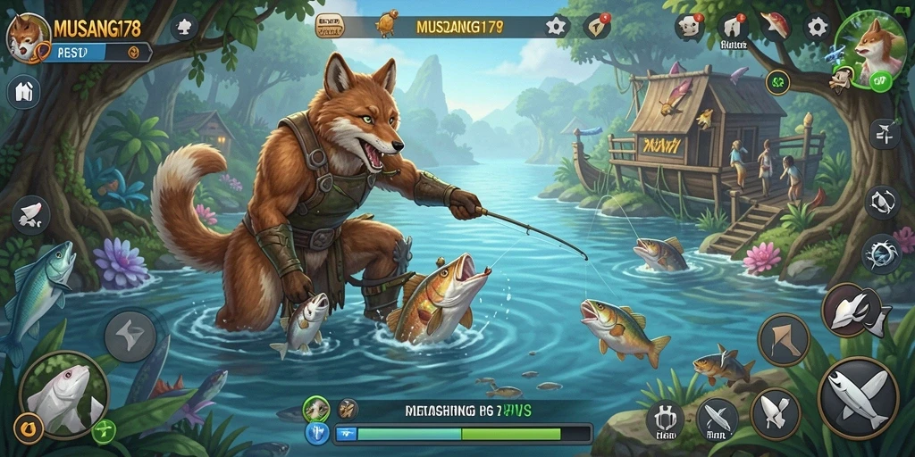 Tampilan gameplay MUSANG178 saat menangkap ikan di danau.