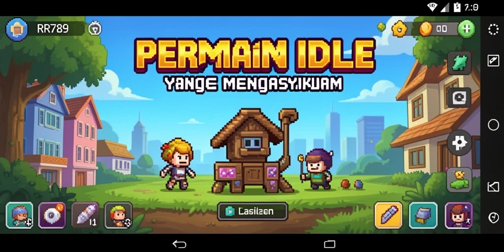 Screenshot utama RR789 menampilkan karakter mengumpulkan sumber daya dalam gameplay Idle.