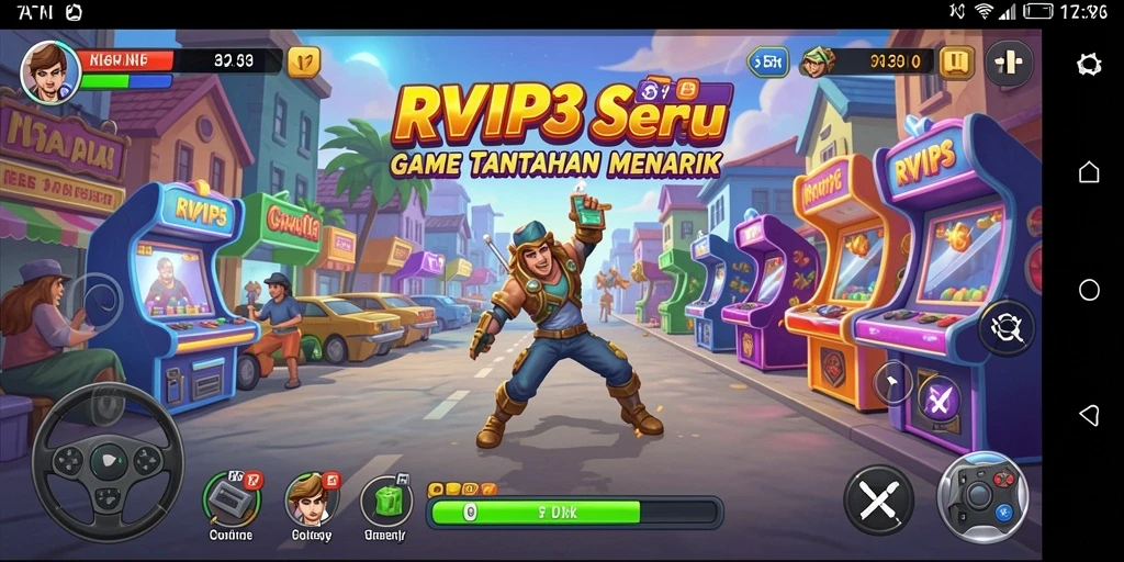 Tampilan gameplay RVIP3 dengan rintangan warna-warni dan karakter unik.